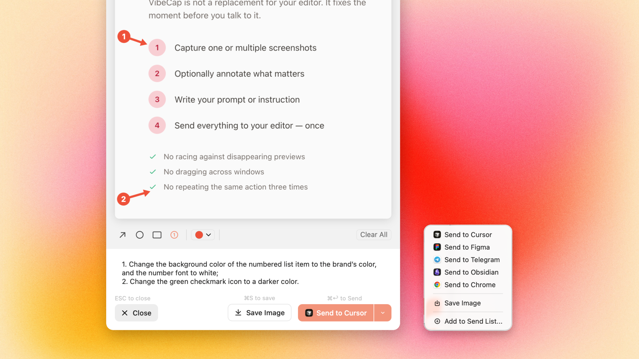 VibeCap macOS screenshot tool interface showing capture, annotation, and prompt features